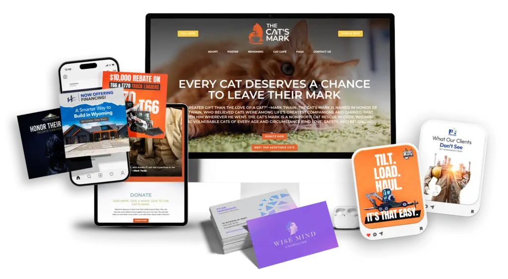 Website and marketing design displayed across desktop tablet and phone screens