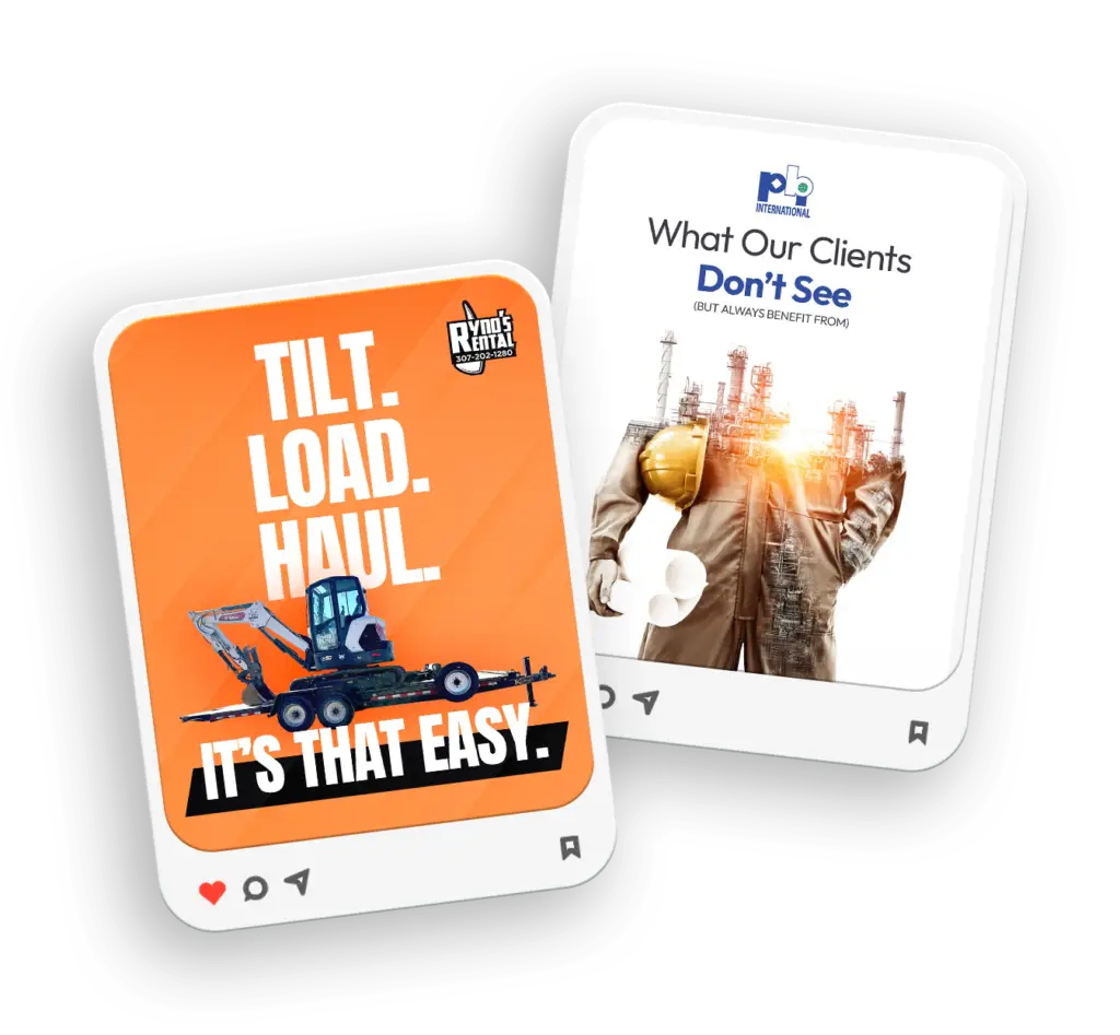 Social media post mockups featuring equipment rental and industrial marketing designs