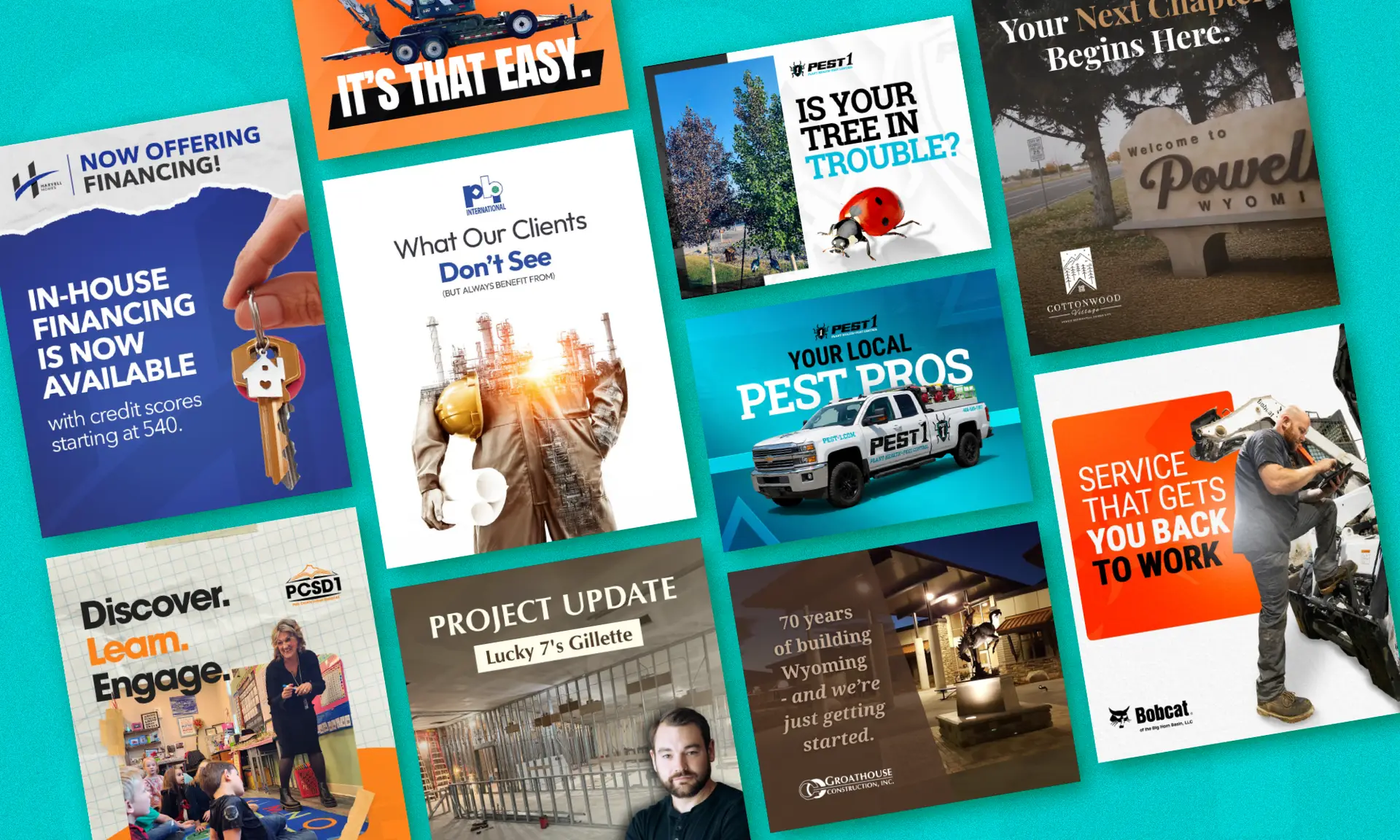 Social media marketing graphics showcasing construction, equipment, education, pest control, and home building promotions