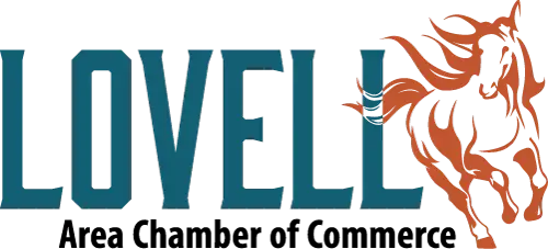 Lovell Area Chamber of Commerce logo with stylized running horse graphic and bold teal lettering