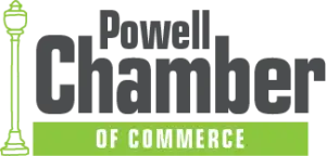 Powell Chamber of Commerce logo with street lamp icon and bold lettering