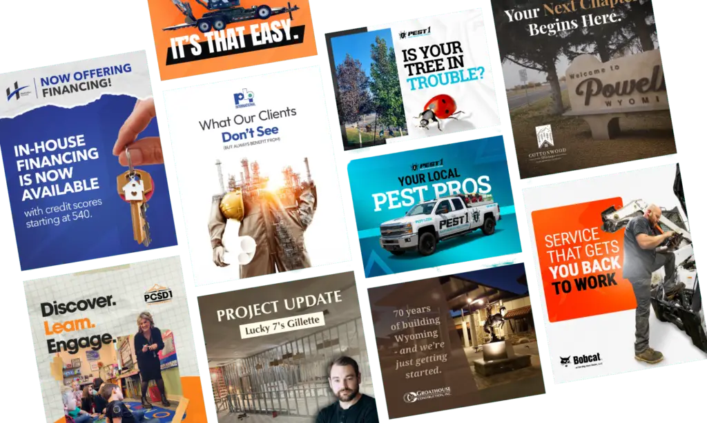Collage of social media marketing graphics and promotional posts